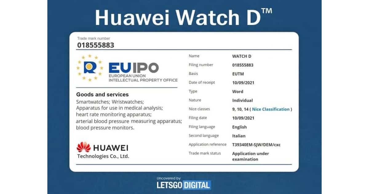 Huawei Watch D patent EUIPO