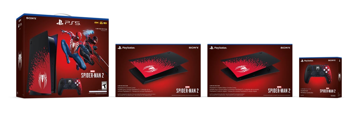 PS5 – Marvel's Spider-Man 2 Limited Edition Bundle, PS5 Console Cover – Marvel's Spider-Man 2 Limited Edition, PS5 Digital Edition Console Covers – Marvel's Spider-Man 2 Limited Edition และ DualSense Wireless Controller – Marvel's Spider-Man 2 Limited Edition