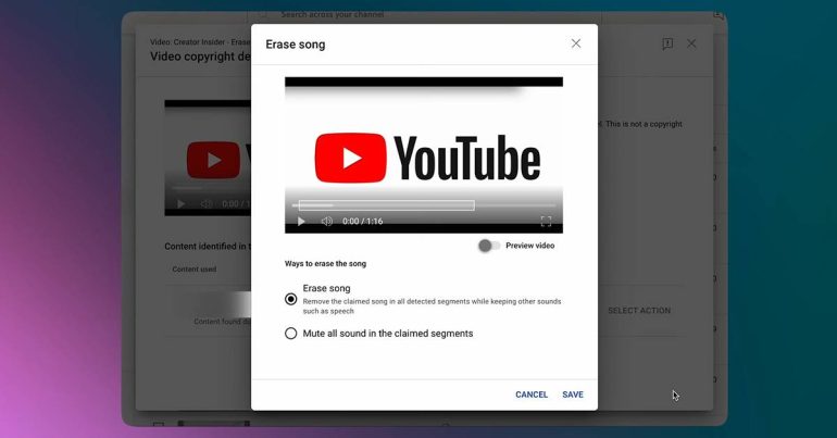 YouTube Erase Song tool