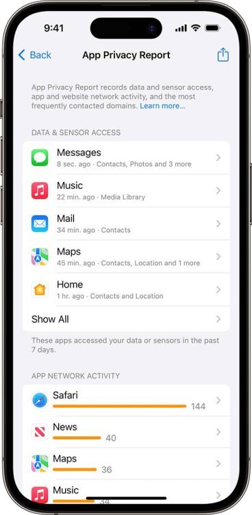 Apple ความเป็นส่วนตัว - App Privacy Report